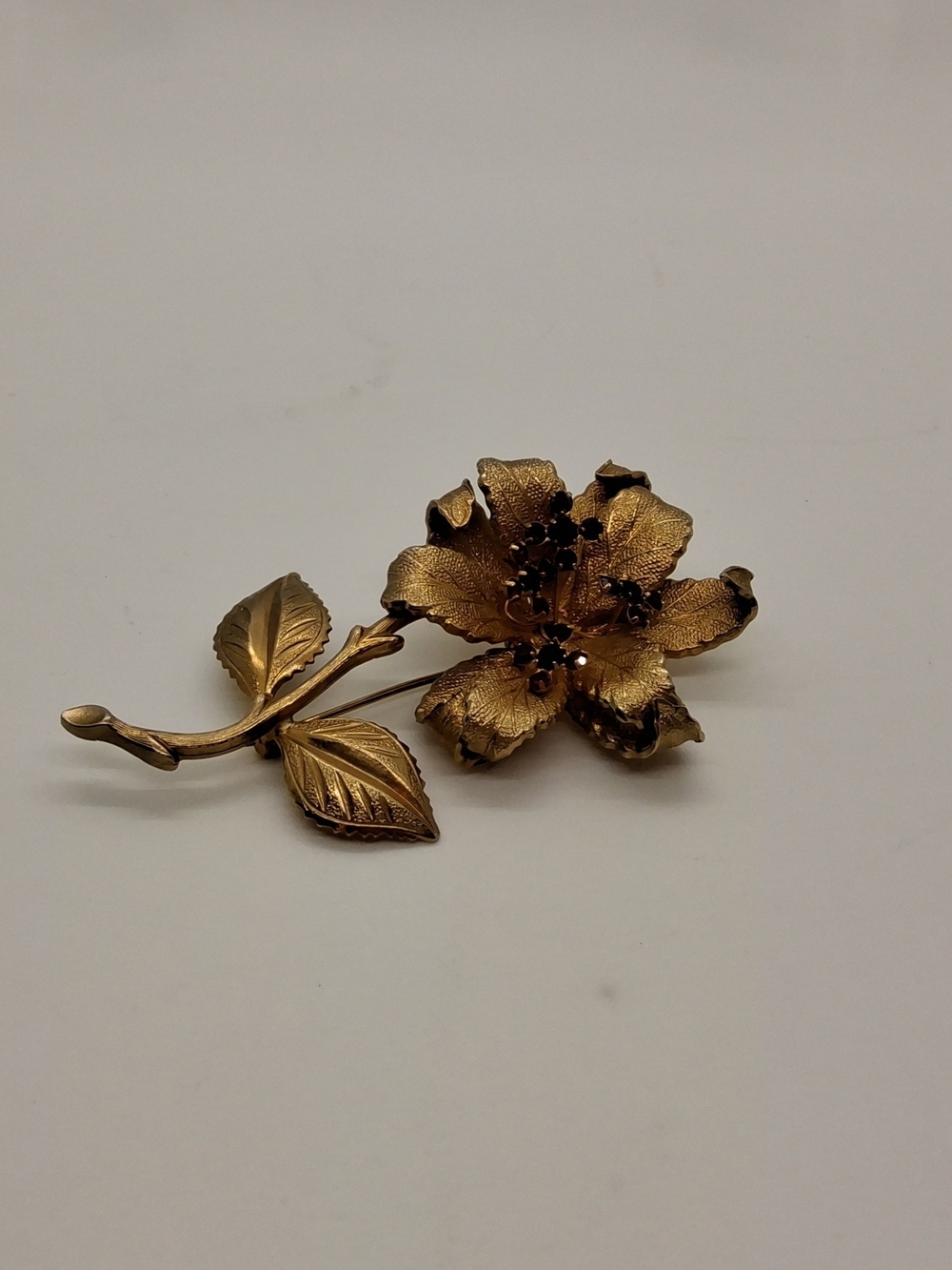 1950's Trembler Flower Brooch with Garnet Red Rhinestone Pistil Center